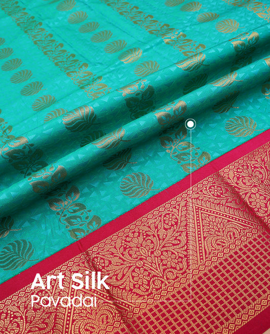 Blue art silk pavadai set, embossed, zari design and contrast traditional zari bordered skirt and a contrast zari border blouse