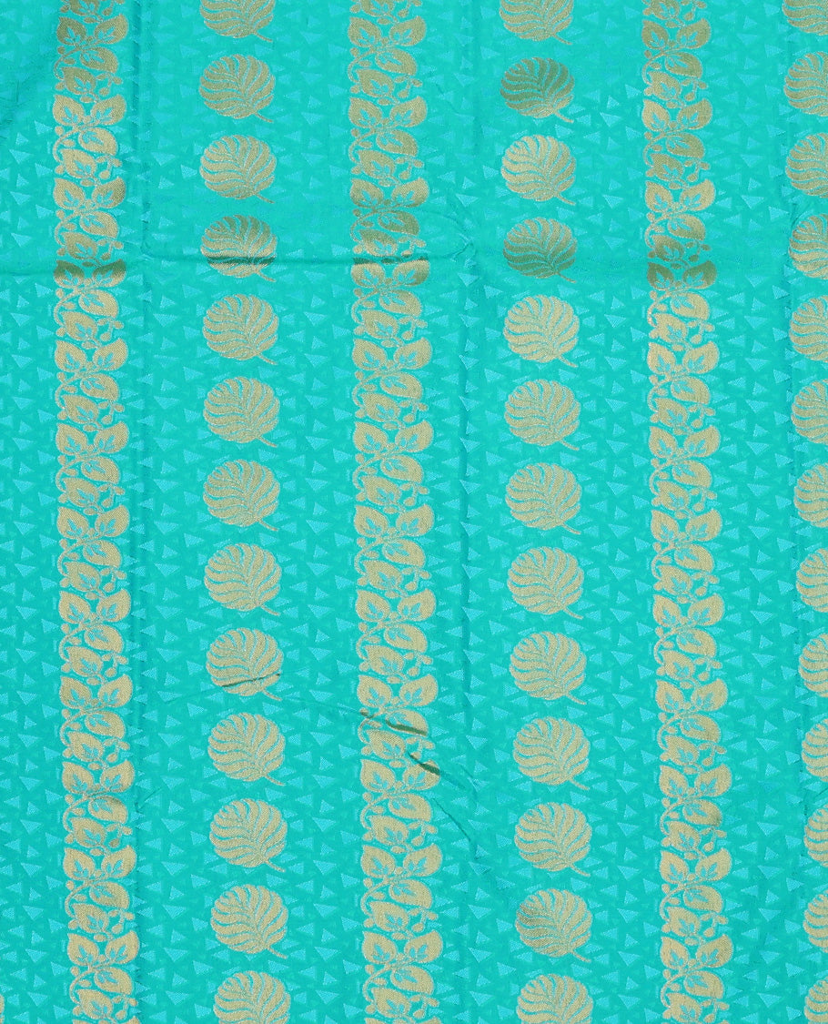 Blue art silk pavadai set, embossed, zari design and contrast traditional zari bordered skirt and a contrast zari border blouse