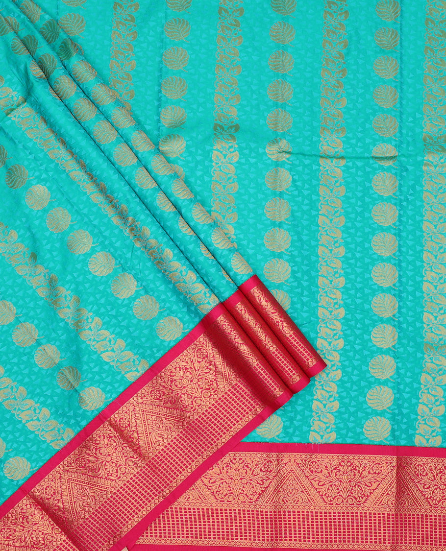 Blue art silk pavadai set, embossed, zari design and contrast traditional zari bordered skirt and a contrast zari border blouse