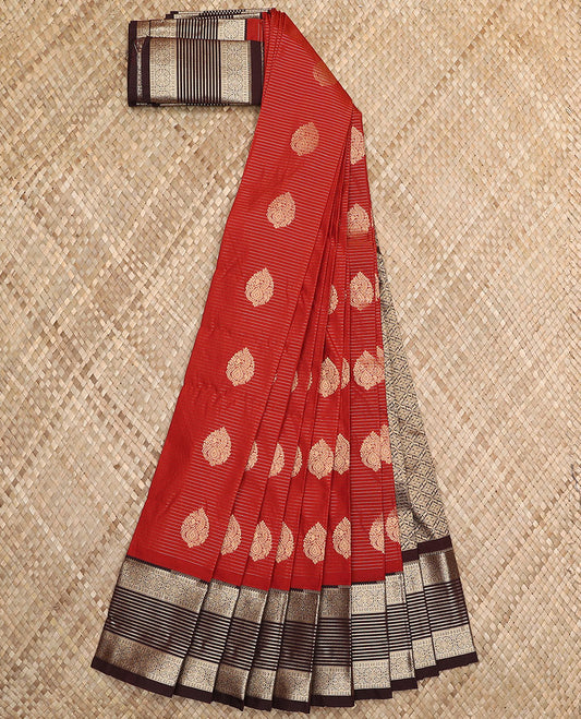 Red zari buttas, and striped budget silk saree, contrast traditional zari border, and jaal pallu
