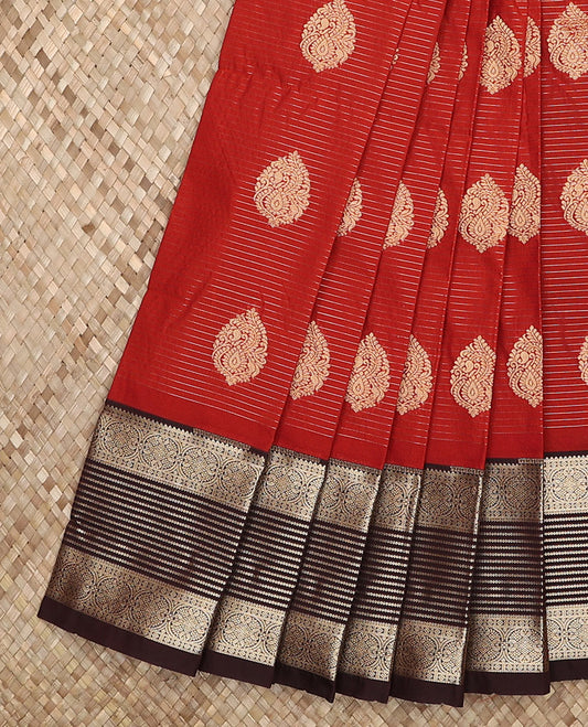 Red zari buttas, and striped budget silk saree, contrast traditional zari border, and jaal pallu