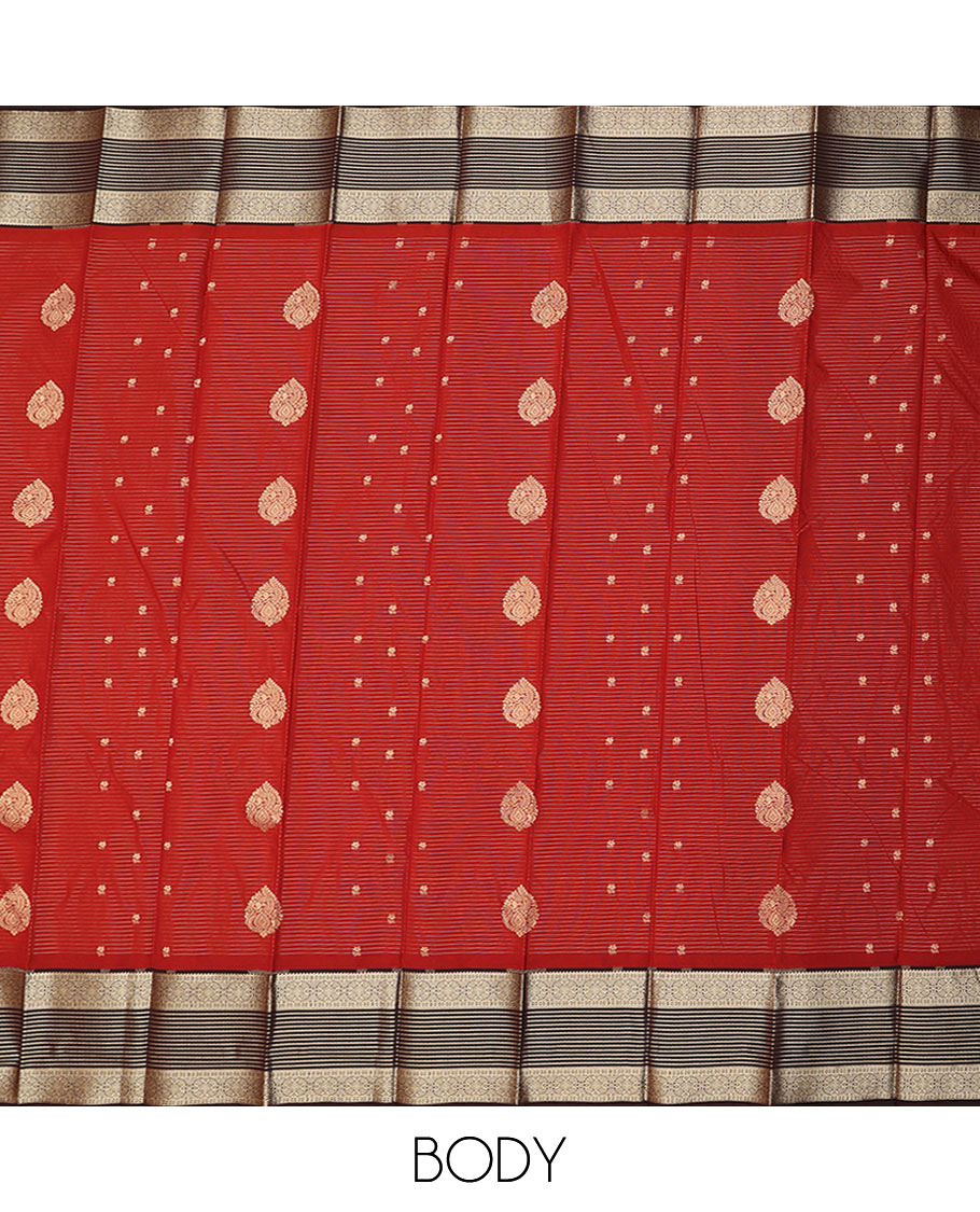 Red zari buttas, and striped budget silk saree, contrast traditional zari border, and jaal pallu