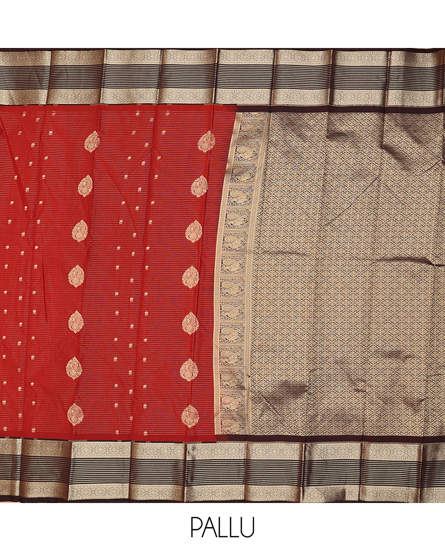 Red zari buttas, and striped budget silk saree, contrast traditional zari border, and jaal pallu