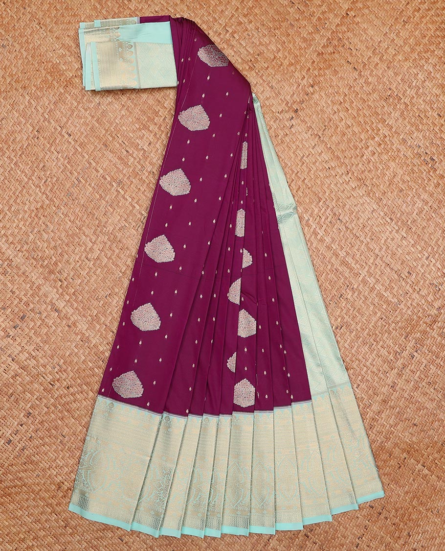 Purple zari buttas gift saree, contrast traditional zari design border, and jaal pallu