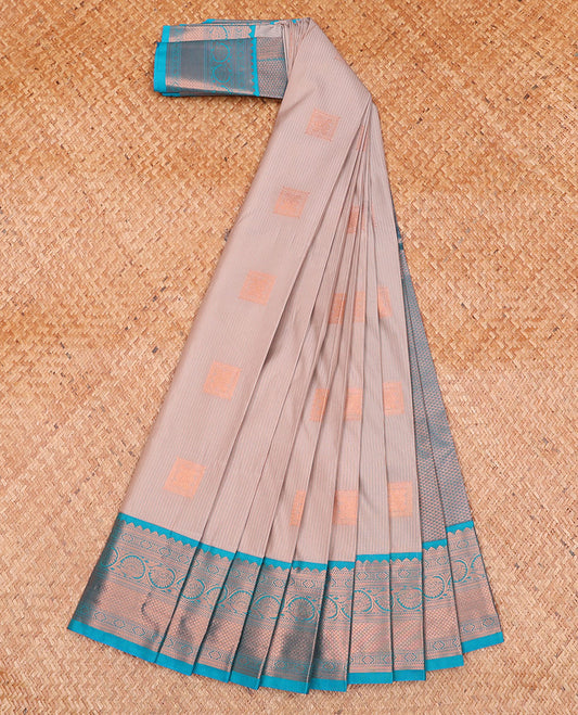 Grey Budget Silk Saree, Subtly Sparkled with Zari Buttas and Stripes on Its Body, Complemented by a Contrast Traditional Zari Design Border, Grand Jaal Pallu, and Paired with a Contrast Blouse