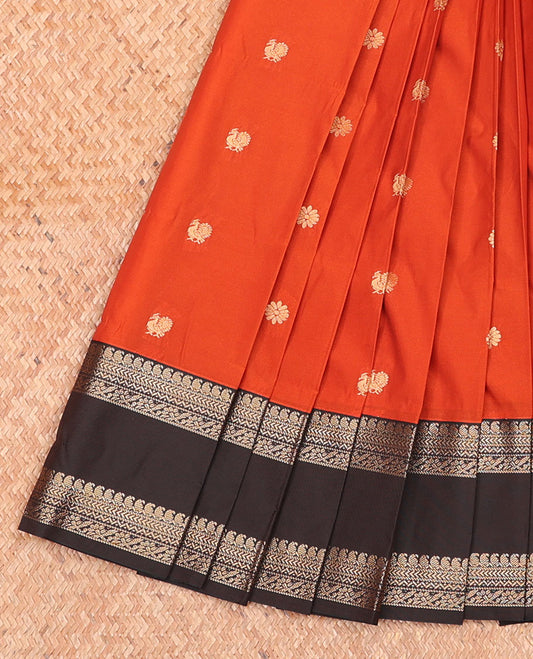 Rust Orange Budget Silk Saree Embellished with Peacock Chakram Buttas, Complemented by a Contrast Rettai Pettu Traditional Zari Border, Beautified with Jaal Pallu, and Paired with a Contrast Blouse