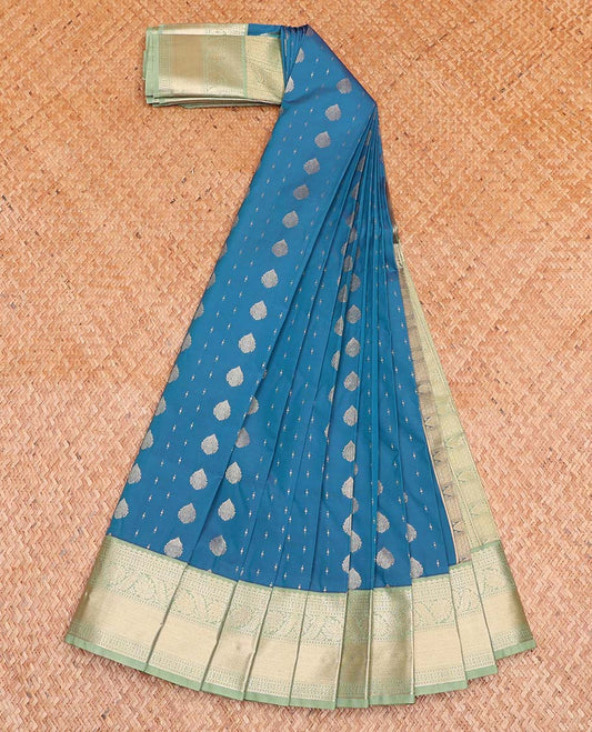 Blue Budget Silk Saree, Decked Up with Zari Buttas All Over Its Body, Complemented by a Contrast Traditional Zari Design Border, Intricately Designed Pallu, and Paired with a Contrast Blouse