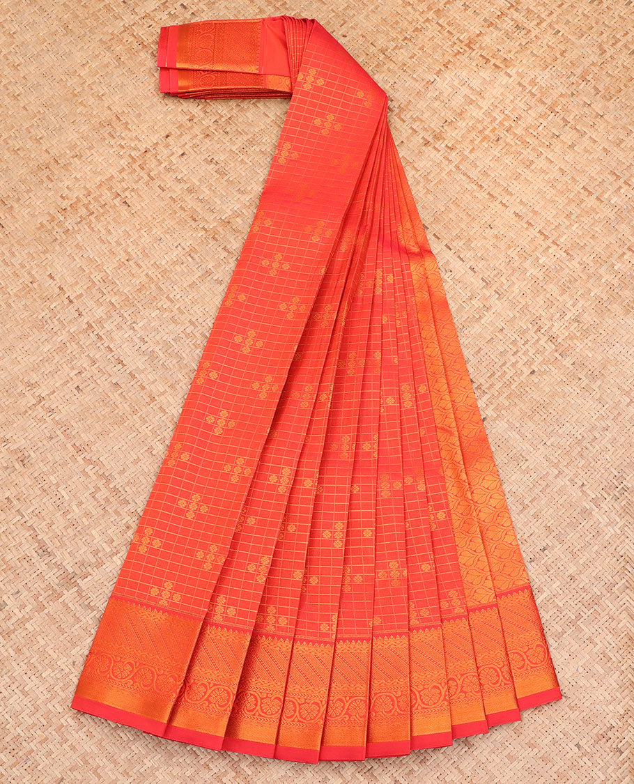 Orange Budget Silk Saree, Bedecked with Zari Buttas and Checks All Over Its Body, Highlighted by a Traditional Zari Design Border, Ogee-Patterned Pallu, and Paired with a Matching Blouse