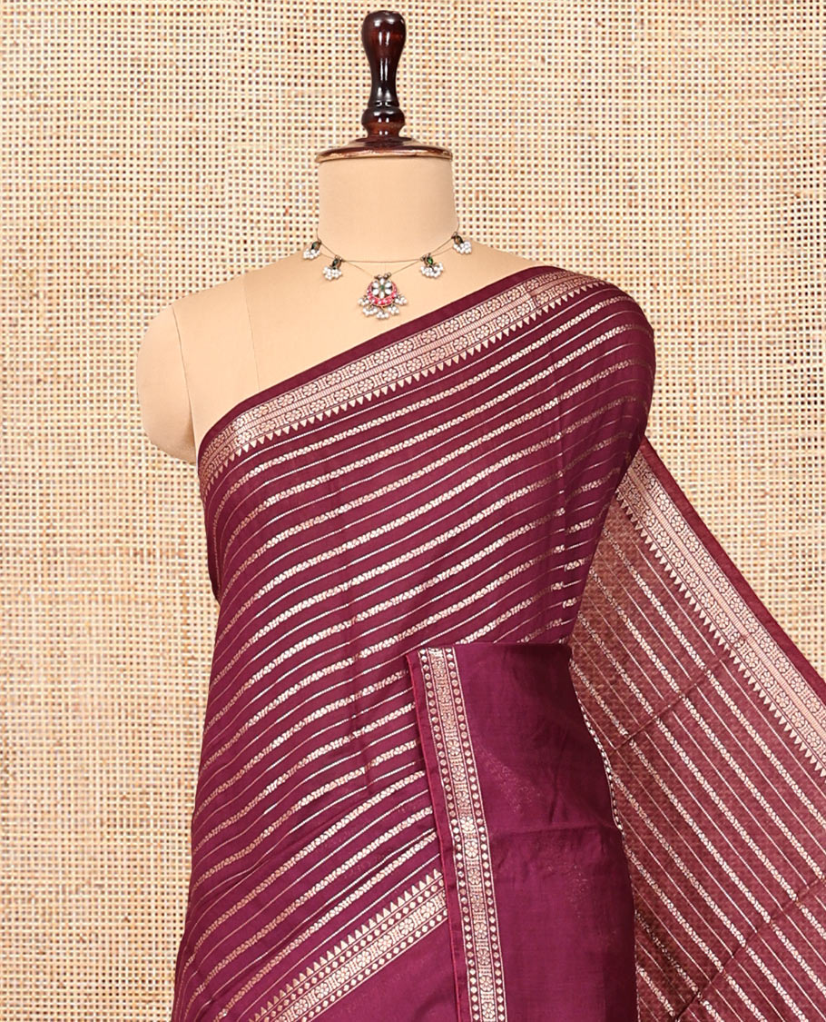 Maroon Assam Silk Saree, Decorated with Zari Stripes, Highlighted by a Traditional Border, Zari Striped Pallu, and a Matching Blouse