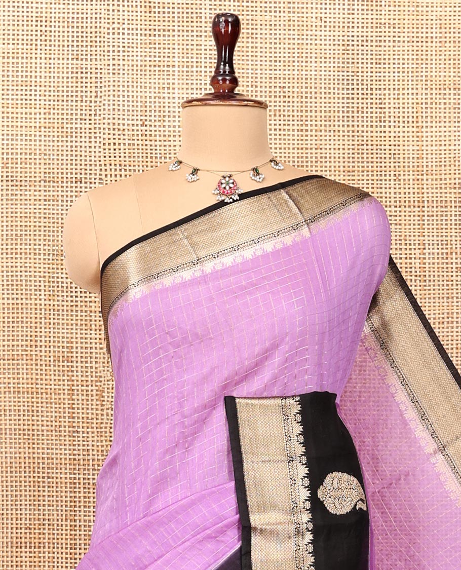 Pink Assam Silk Saree, Decorated with Checks, Complemented by Contrast Traditional Paisley Zari Design Border, Zari Striped Pallu, and a Contrast Blouse