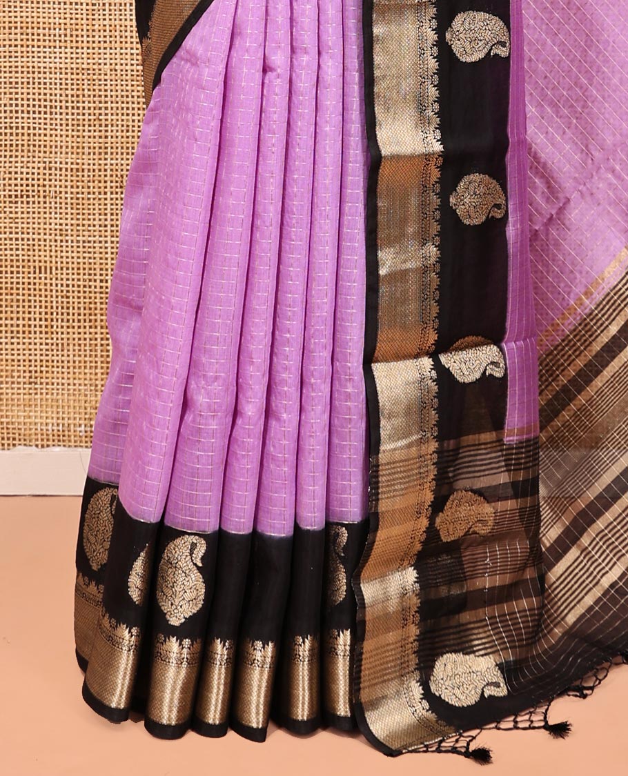 Pink Assam Silk Saree, Decorated with Checks, Complemented by Contrast Traditional Paisley Zari Design Border, Zari Striped Pallu, and a Contrast Blouse