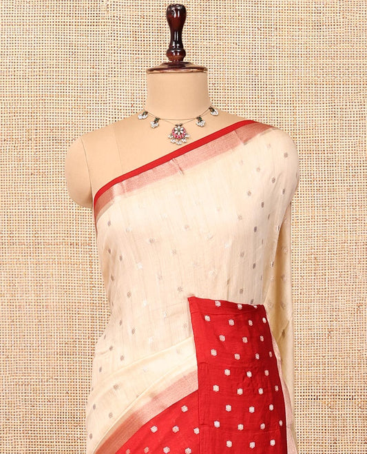 Sandal Assam Silk Saree, Steeped with Zari Buttas, Complemented by a Contrast Zari Buttas Woven Border, Zari Design Pallu, and a Contrast Blouse