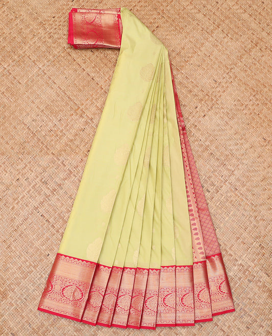Green Budget Silk Saree, Mesmerized with Zari Buttas, a Contrast Traditional Zari Border, Jaal Pallu, and a Contrast Blouse