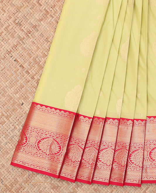 Green Budget Silk Saree, Mesmerized with Zari Buttas, a Contrast Traditional Zari Border, Jaal Pallu, and a Contrast Blouse