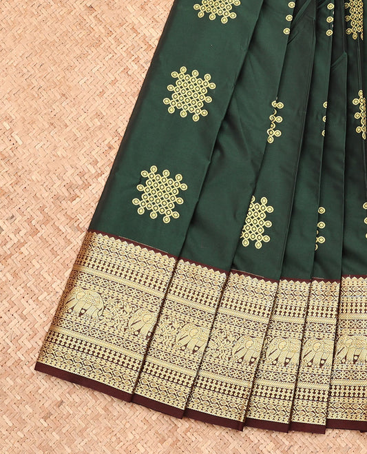 Green Budget Silk Saree, Finely Crafted with Kolam Buttas, Complemented by a Contrast Traditional Border, Grand Jaal Pallu, and a Contrast Blouse