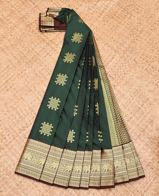 Green Budget Silk Saree, Finely Crafted with Kolam Buttas, Complemented by a Contrast Traditional Border, Grand Jaal Pallu, and a Contrast Blouse