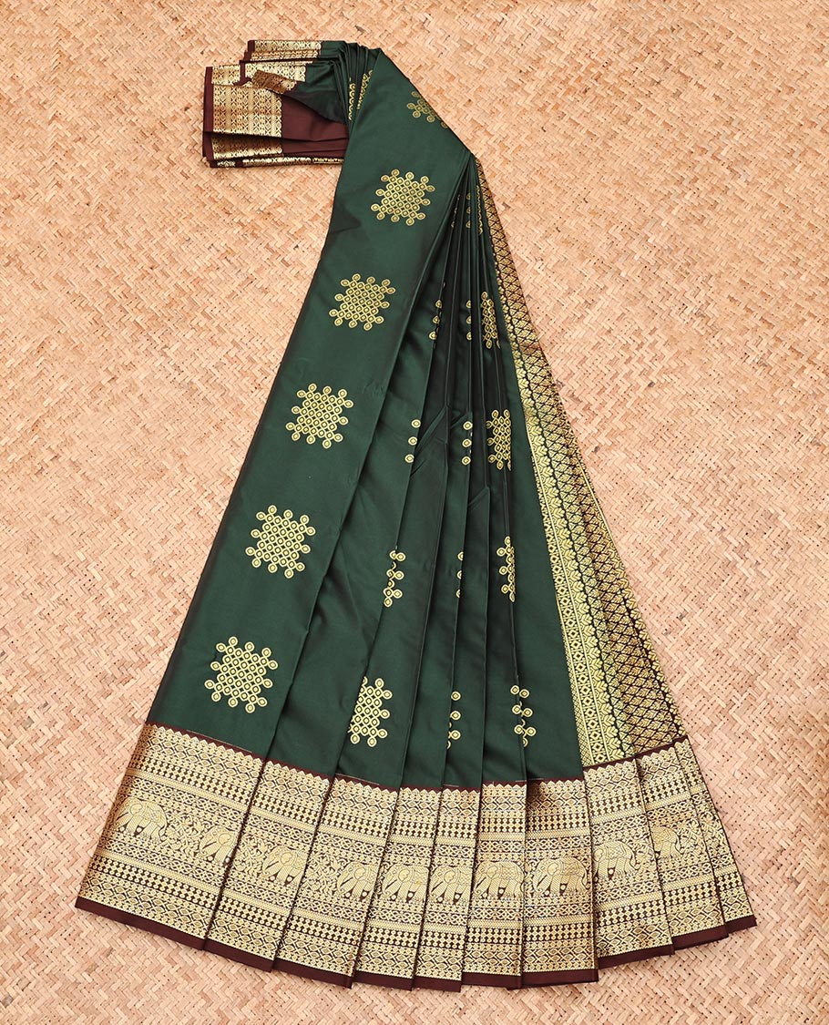 Green Budget Silk Saree, Finely Crafted with Kolam Buttas, Complemented by a Contrast Traditional Border, Grand Jaal Pallu, and a Contrast Blouse