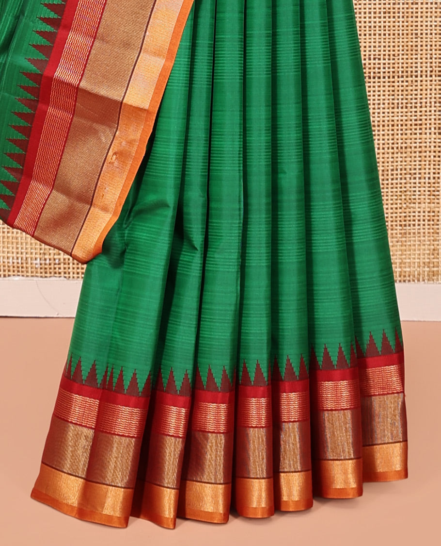 Green-Striped Bangalore Silk Saree, Complemented by a Contrast Temple Ganga-Jamuna Border, Pallu of Temple and Neli Designs, and a Contrast Blouse