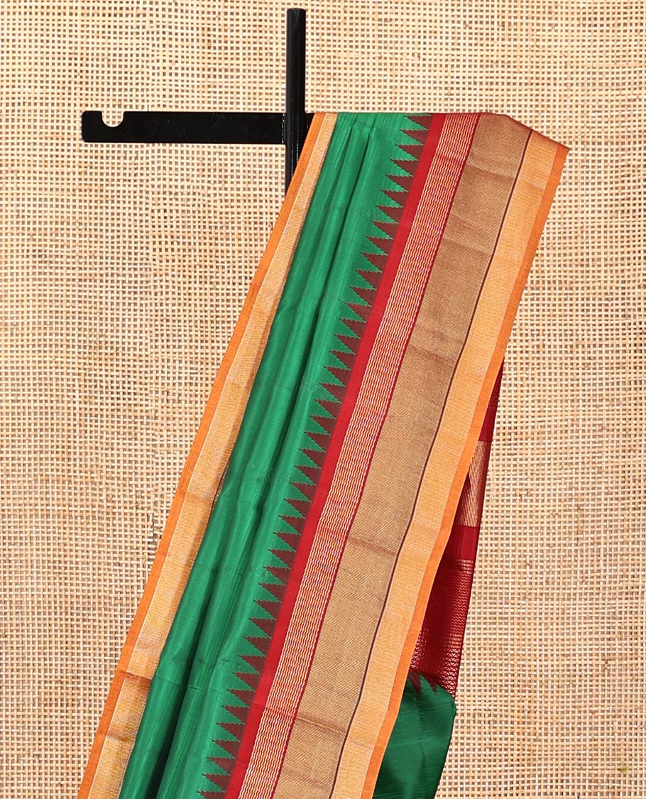 Green-Striped Bangalore Silk Saree, Complemented by a Contrast Temple Ganga-Jamuna Border, Pallu of Temple and Neli Designs, and a Contrast Blouse