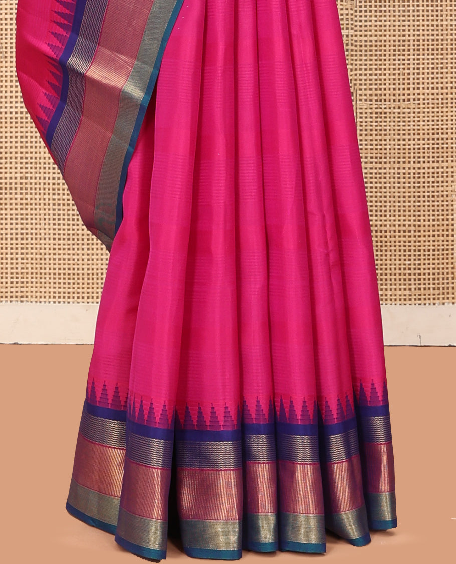 Pink Plain Bangalore Silk Saree, Complemented by a Contrast Temple Border, Pallu  of Geometric Designs, and a Contrast Blouse