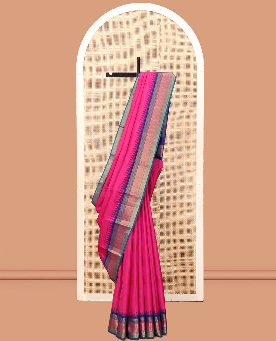 Pink Plain Bangalore Silk Saree, Complemented by a Contrast Temple Border, Pallu  of Geometric Designs, and a Contrast Blouse