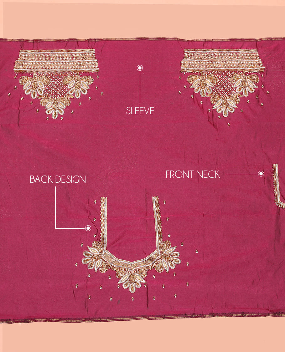 Onion Pink Aari Material Blouse Ornamented with Bead and Zarkan Stone Mixed Embroidery