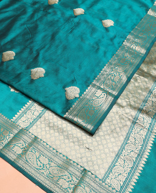 Peacock blue buttas kathan silk saree, traditional border of paisley creeper design, and jaal pallu