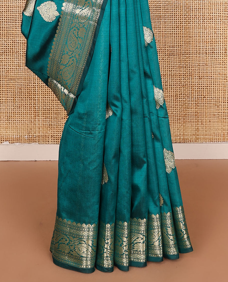 Peacock blue buttas kathan silk saree, traditional border of paisley creeper design, and jaal pallu