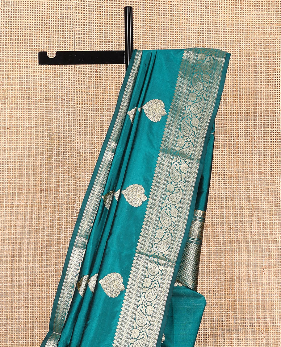 Peacock blue buttas kathan silk saree, traditional border of paisley creeper design, and jaal pallu