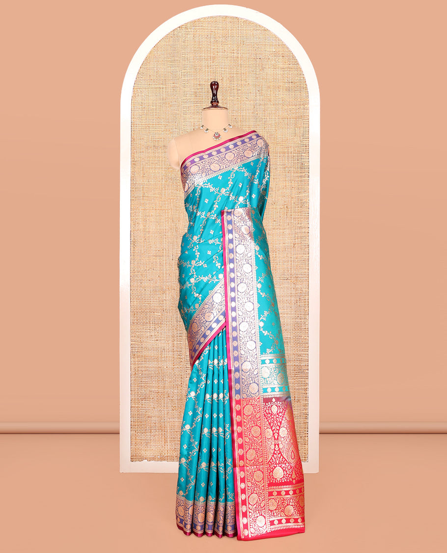 Blue Banarasi Nylon Saree, Adorned with Jaal Jacquard, Contrast Floral Creeper Zari Border, Intricate Pallu, and a Contrast Blouse