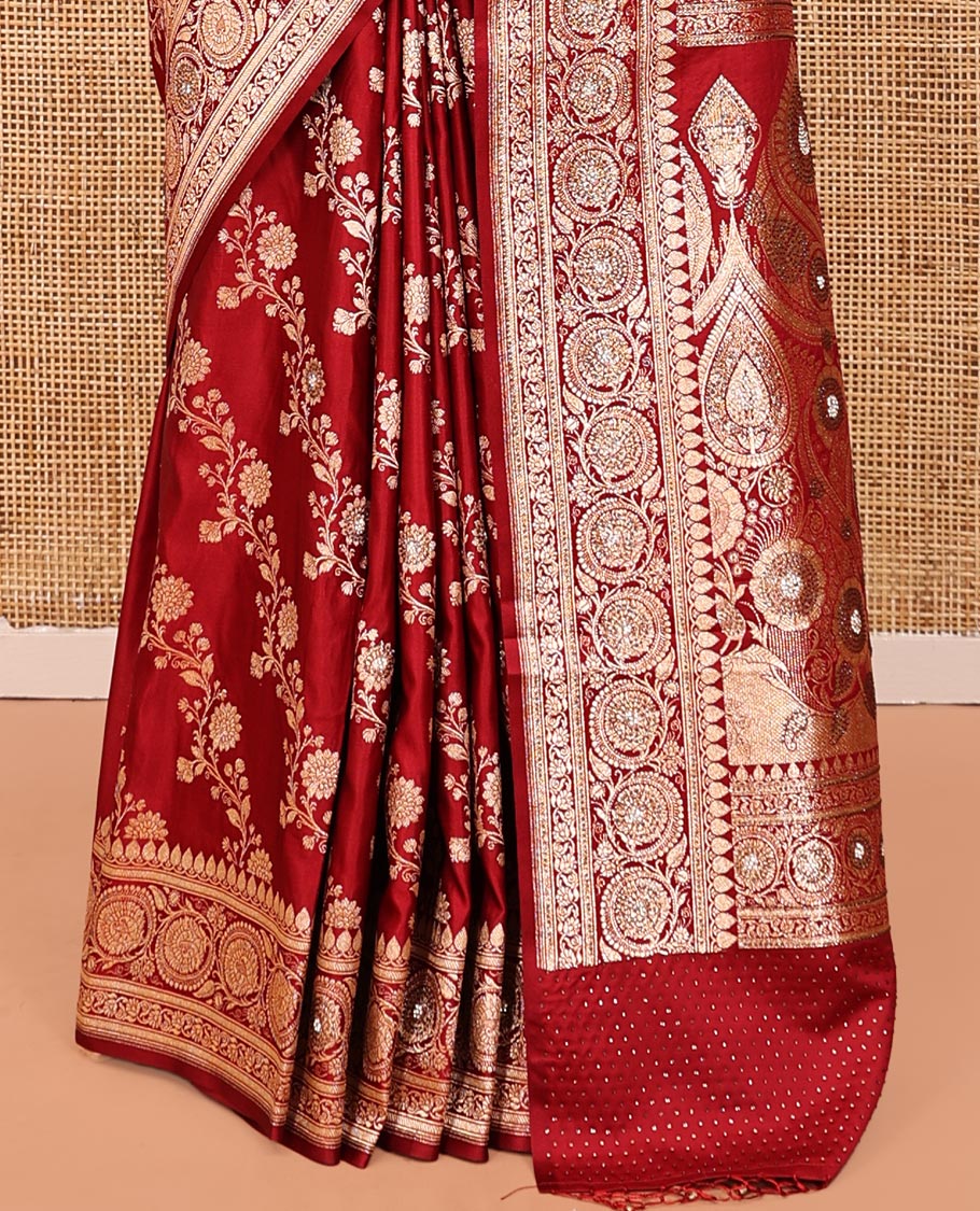 Red Banarasi Satin Saree, Finely Crafted with Floral Jaal Jacquard, a Floral Creeper Border, Intricate Stonework Pallu, and a Matching Blouse