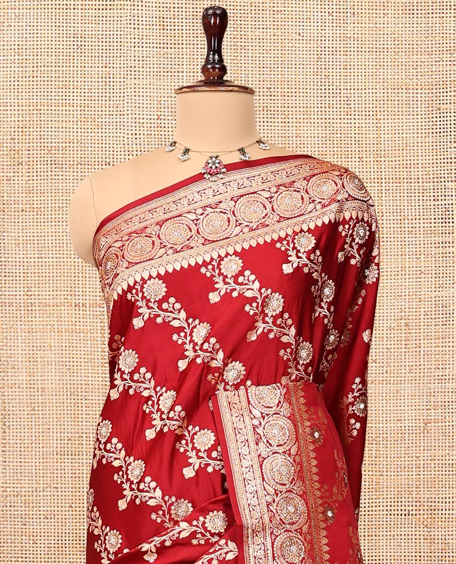 Red Banarasi Satin Saree, Finely Crafted with Floral Jaal Jacquard, a Floral Creeper Border, Intricate Stonework Pallu, and a Matching Blouse