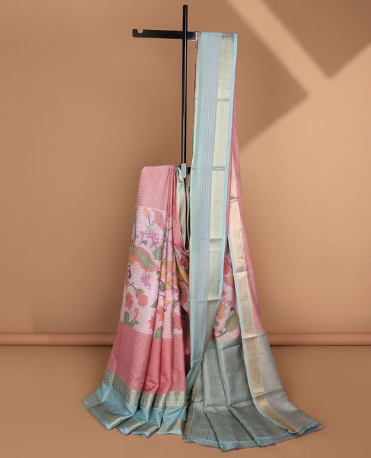 Multi-color floral, peacock printed & zari striped semi-banaras crepe saree, contrast traditional border & striped pallu