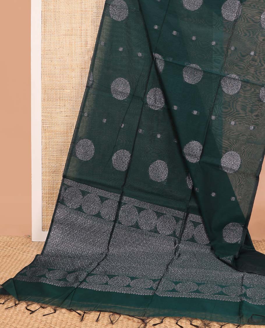 Borderless deep green zari buttas semi silk cotton saree, zari-rich intricately designed pallu