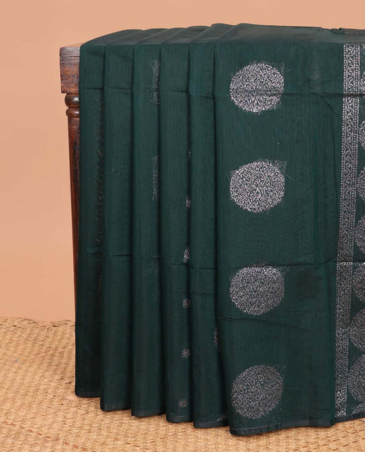 Borderless deep green zari buttas semi silk cotton saree, zari-rich intricately designed pallu
