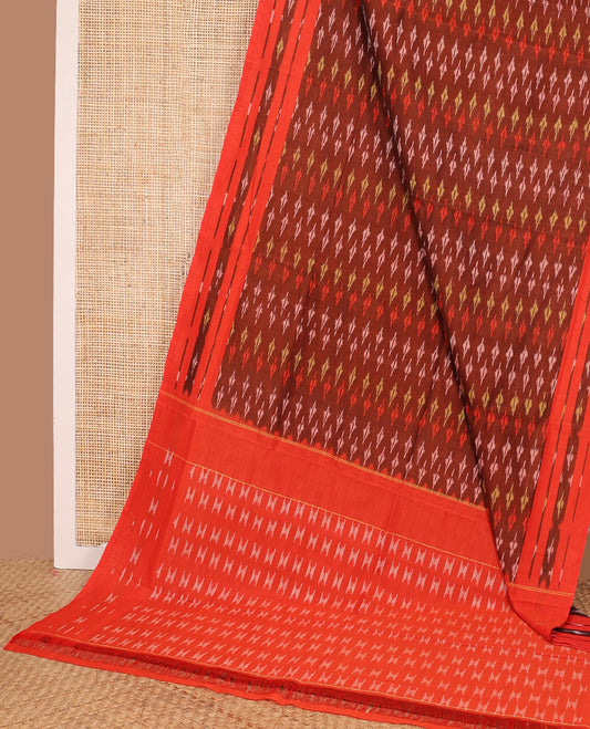 Maroon unique buttas woven ikkat cotton saree, contrast ikkat buttas woven border, and pallu of buttas