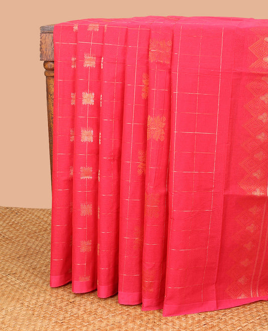 Red geometric design coimbatore cotton saree with self border & floral design pallu