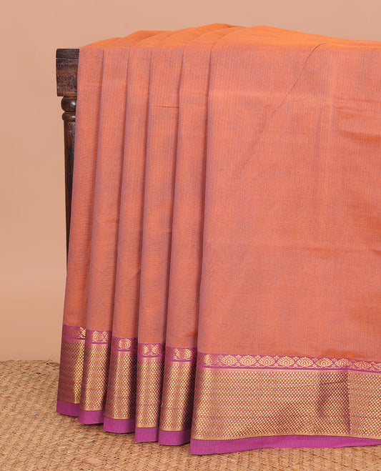 Peach plain Venkatagiri cotton saree, contrast traditional zari border, and zari striped pallu
