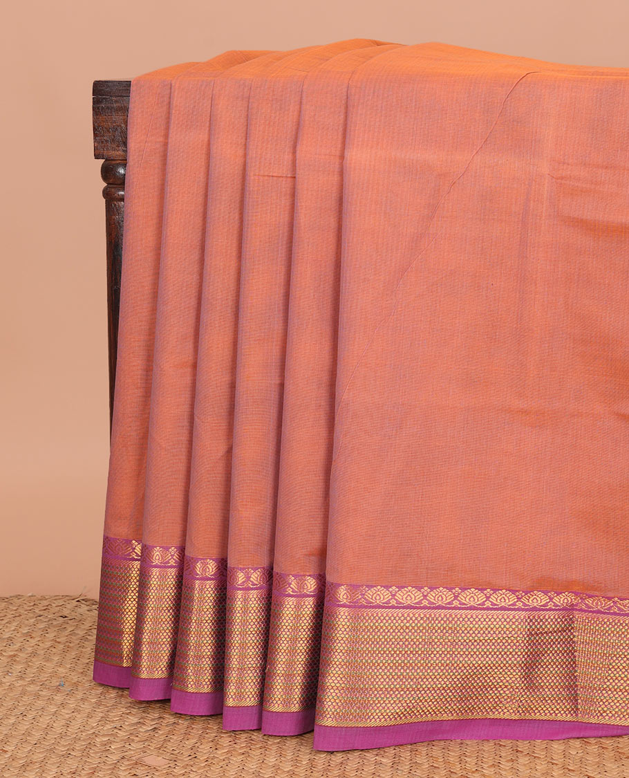 Peach plain Venkatagiri cotton saree, contrast traditional zari border, and zari striped pallu