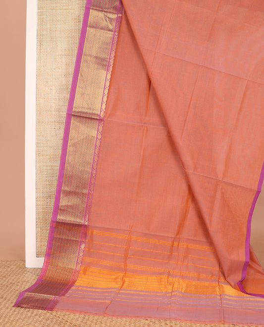 Peach plain Venkatagiri cotton saree, contrast traditional zari border, and zari striped pallu