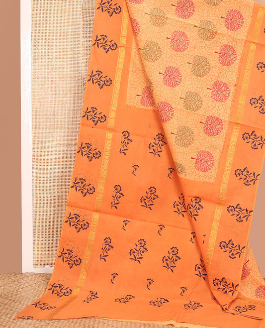 Orange Sungudi Cotton Saree Elevated with Tree Motifs and Vine Print, Highlighted by Contrast Zari and Print Work Border of Floral Print, and Pallu with Floral Print