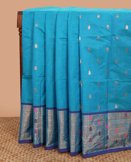 Blue zari buttas Venkatagiri cotton saree, contrast thread motifs and striped border, and pallu of zari stripes