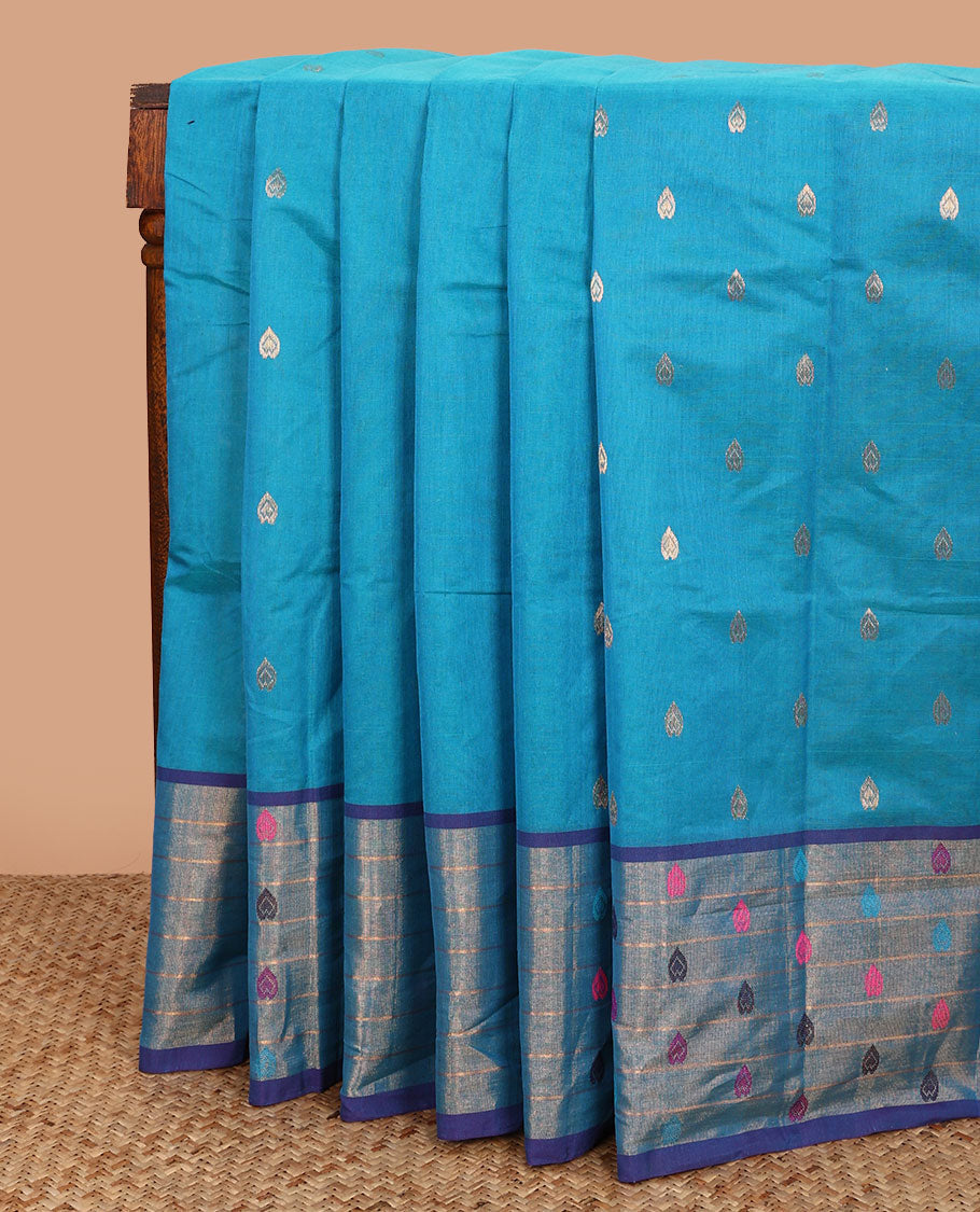 Blue zari buttas Venkatagiri cotton saree, contrast thread motifs and striped border, and pallu of zari stripes