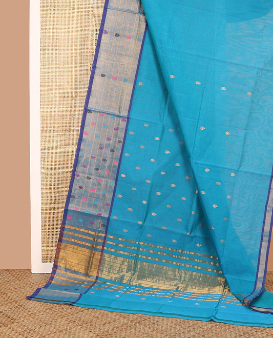 Blue zari buttas Venkatagiri cotton saree, contrast thread motifs and striped border, and pallu of zari stripes
