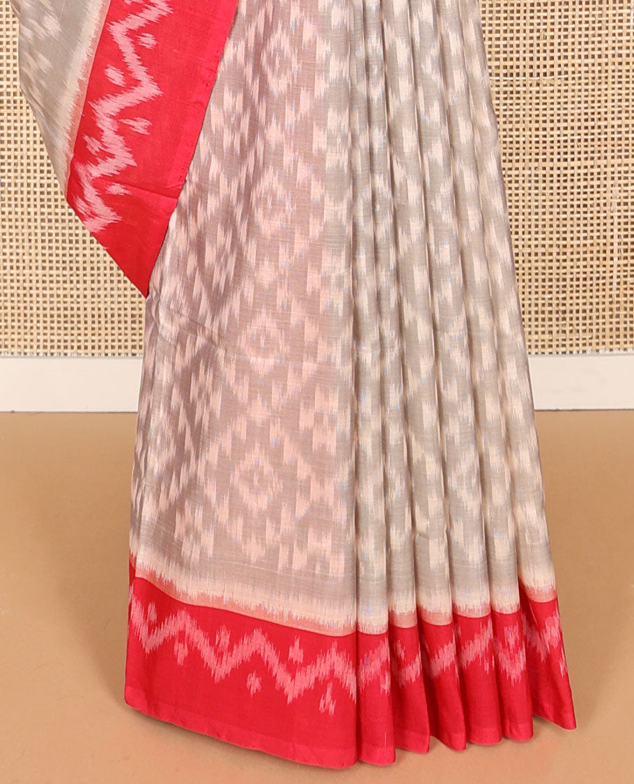 Light grey floral design ikkat cotton saree with contrast geometric design boder & floral design pallu