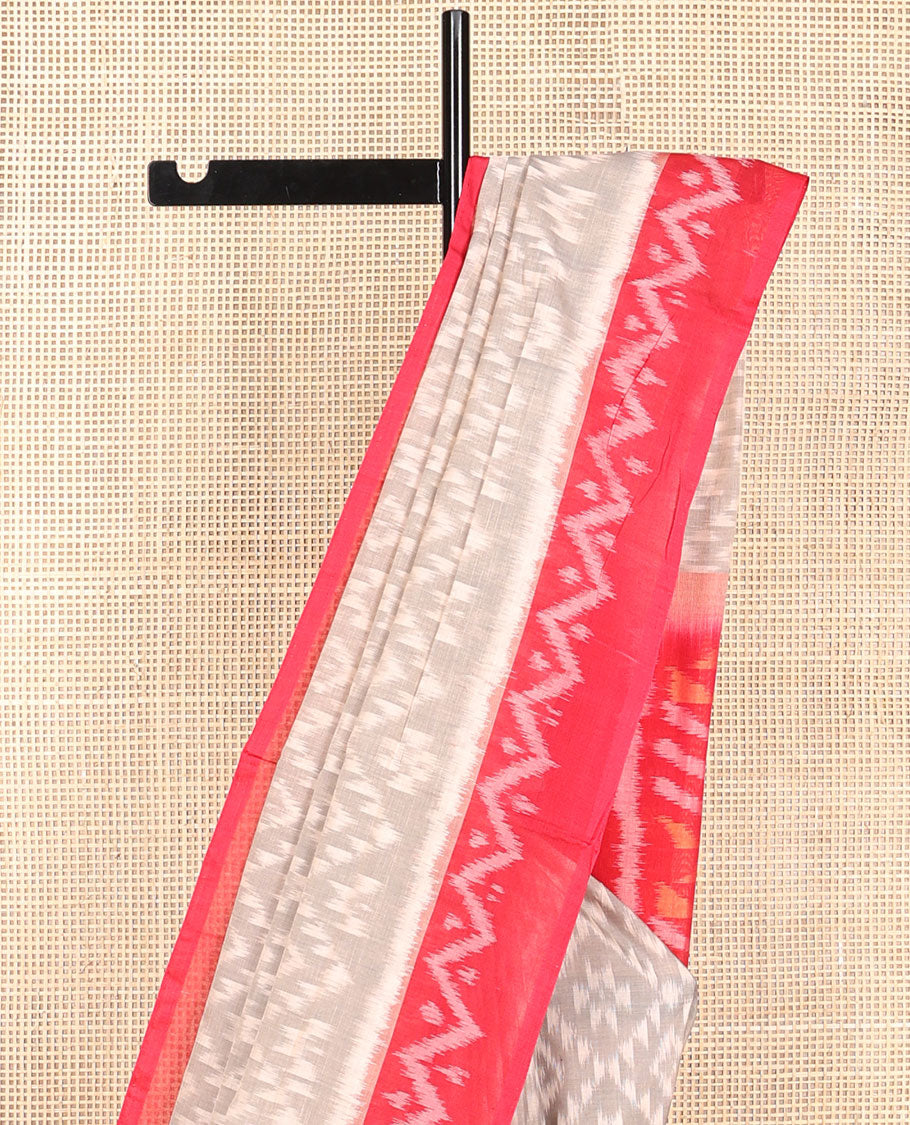 Light grey floral design ikkat cotton saree with contrast geometric design boder & floral design pallu