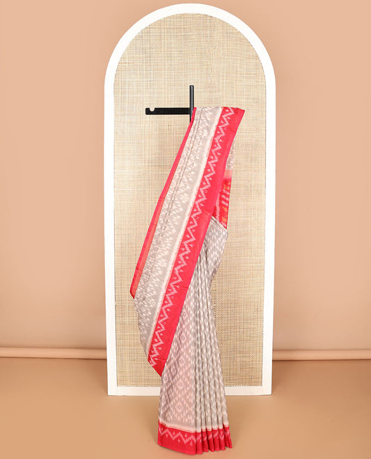 Light grey floral design ikkat cotton saree with contrast geometric design boder & floral design pallu