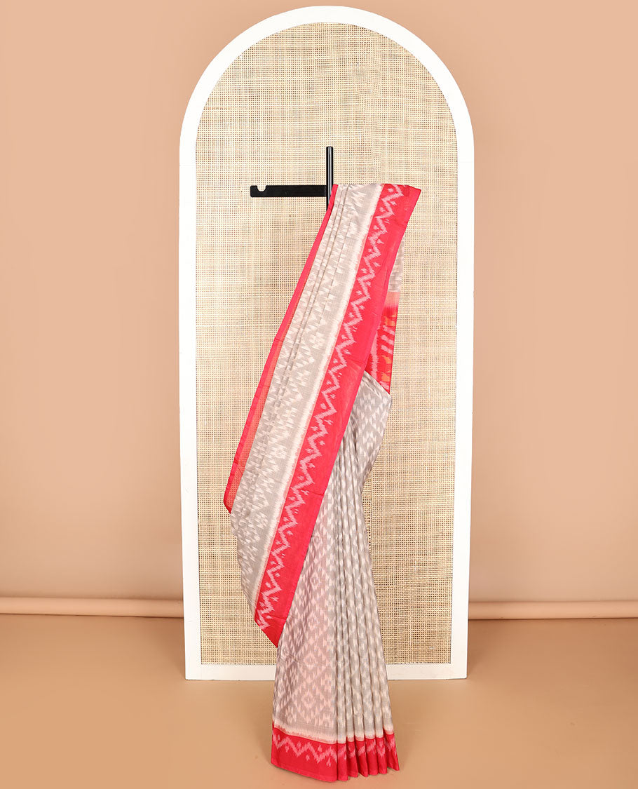 Light grey floral design ikkat cotton saree with contrast geometric design boder & floral design pallu