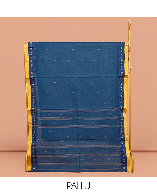 Blue Plain Bengal Cotton Saree, Complemented by a Contrast Floral Creeper Design Border, Pallu of Stripes and Buttas, and Paired with a Matching Blouse
