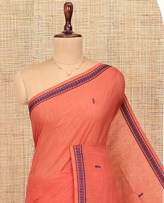 Dark Peach Andhra Cotton Saree, Decked Up with Thread Buttas All Over Its Body, Highlighted by Thread Border, Captivating Contrast Pallu of Stripes and Buttas, and Paired with a Matching Blouse